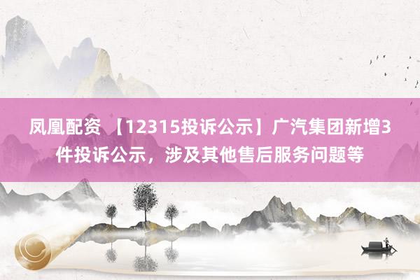 凤凰配资 【12315投诉公示】广汽集团新增3件投诉公示，涉及其他售后服务问题等